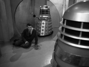 Ian is lucky here; the Daleks' laser only paralyses his legs.