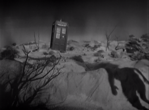 Part 1 ends with this creepy shot of a mysterious shadow approaching the Tardis. It's downhill from there, unfortunately.