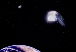 The Nostalgia Tours "space bus" hits a satellite and crashes. Oh, what japes!