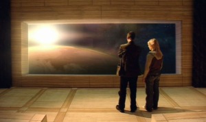 The Doctor and Rose watch as the sun expands to engulf the Earth.
