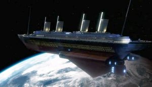 The spaceship Titanic orbits the Earth. It's a lovely-looking ship, I'll give it that at least.