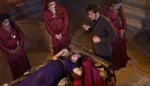Unlike a similar scene from The Masque of Mandragora, the Doctor doesn't slide Donna out of the way of the falling dagger with comedy timing. Unfortunately.